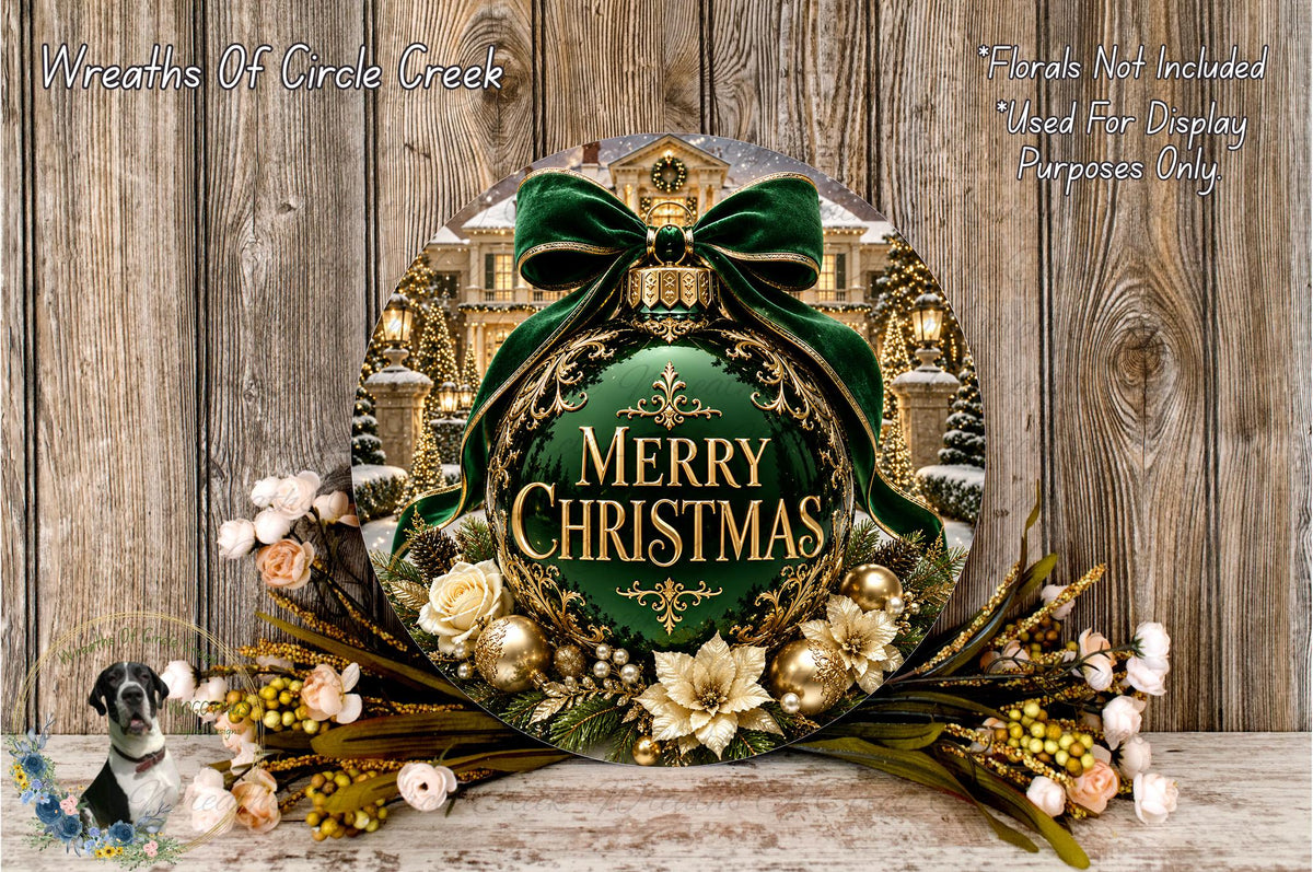 A festive Christmas wreath with a green ribbon and gold accents, featuring a large "Merry Christmas" sign. The wreath is surrounded by a variety of flowers and greenery, creating a beautiful holiday display.