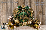 A festive Christmas wreath with a green ribbon and gold accents, featuring a large "Merry Christmas" sign. The wreath is surrounded by a variety of flowers and greenery, creating a beautiful holiday display.