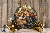 a large, ornate, and colorful stained glass-style plate depicting a woman holding a child, surrounded by flowers and greenery.