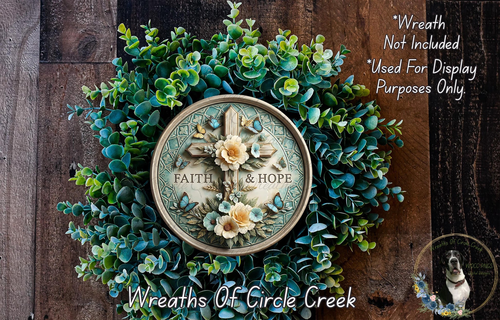 A wreath made of green and white flowers, with a clock face in the center, surrounded by a wooden background.