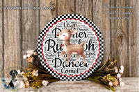 a decorative plate with a black and white checkered border, surrounded by a floral arrangement and a small stuffed animal.