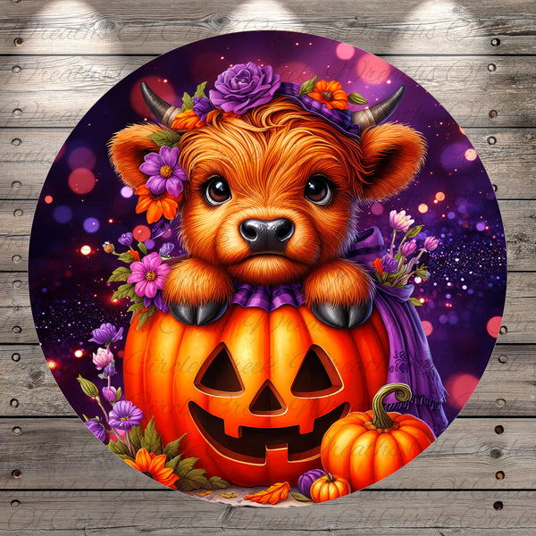 A whimsical digital illustration featuring a brown cow with horns and a flower crown, peeking out from behind a carved pumpkin with a carved face, set against a purple and orange background with a bokeh effect.