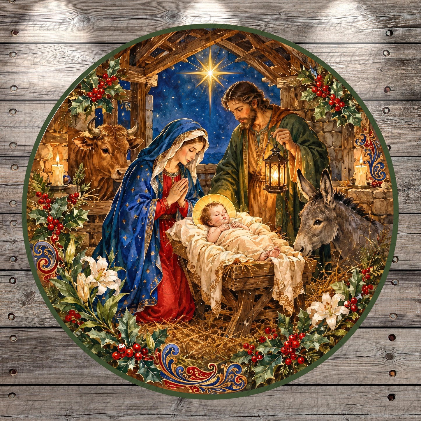 a nativity scene with a baby Jesus in a manger, surrounded by the Virgin Mary, baby Jesus, and the baby Jesus' donkey. The scene is set against a starry night sky, with the figures illuminated by candlelight. The background features a wooden structure, adding to the overall festive and traditional atmosphere of the scene.