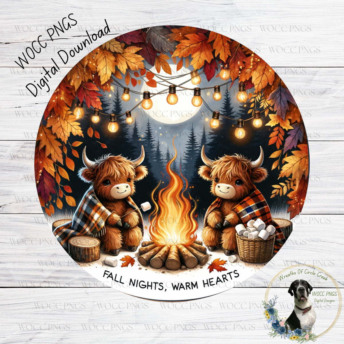 A digital illustration depicting two furry animals, likely cows or bison, sitting around a campfire in a forest setting with autumn leaves and a full moon in the background.