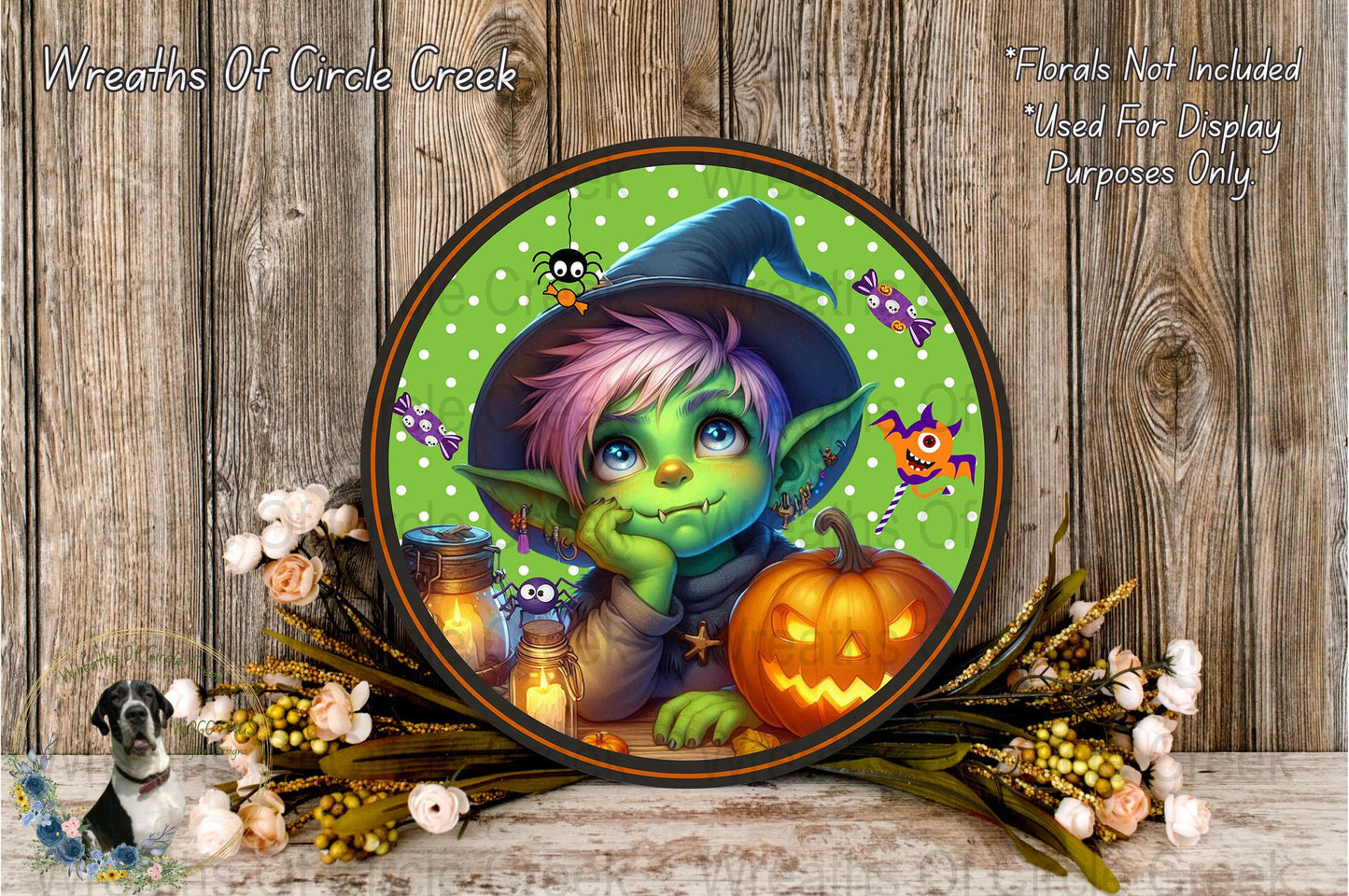 Halloween Witch Goblin Round Wall Decor, Spooky Green Child, Pumpkin and Cat Illustration