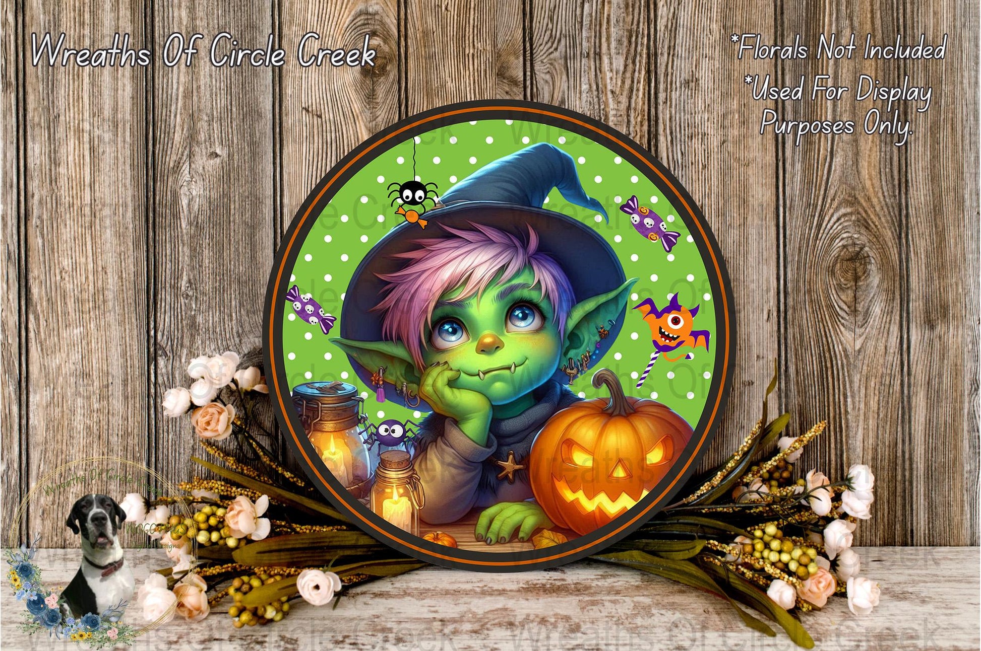 Halloween Witch Goblin Round Wall Decor, Spooky Green Child, Pumpkin and Cat Illustration