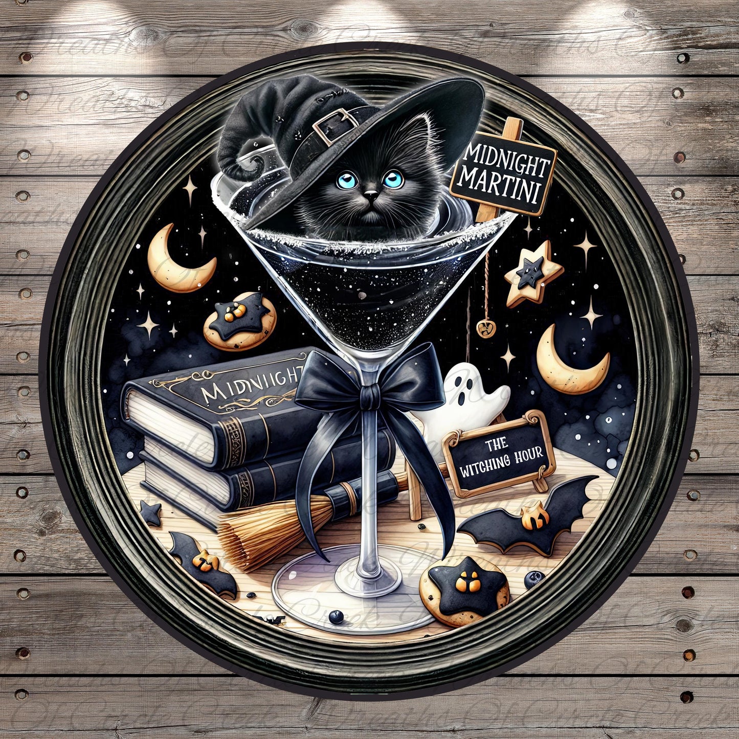 A black cat wearing a witch's hat is sitting in a martini glass, surrounded by Halloween-themed objects such as a book, broom, ghost, and bats.
