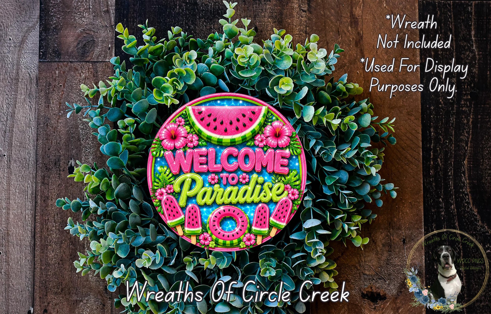A colorful wreath made of green leaves and flowers, with a large "Welcome to Paradise" sign in the center.
