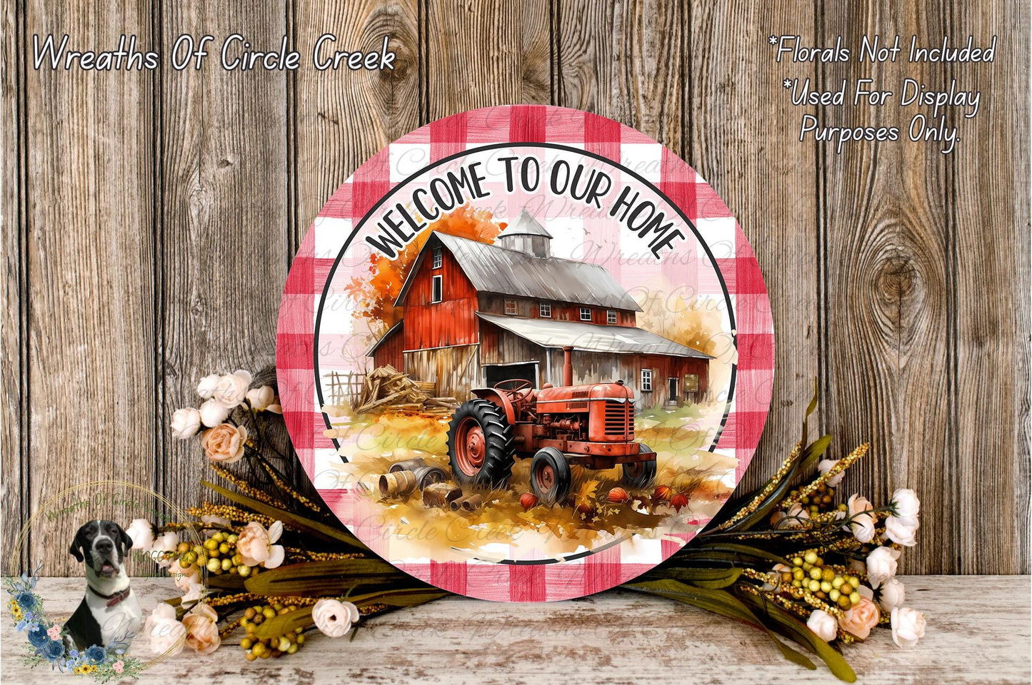 a red barn and a red tractor, surrounded by a floral arrangement and a wooden wall.