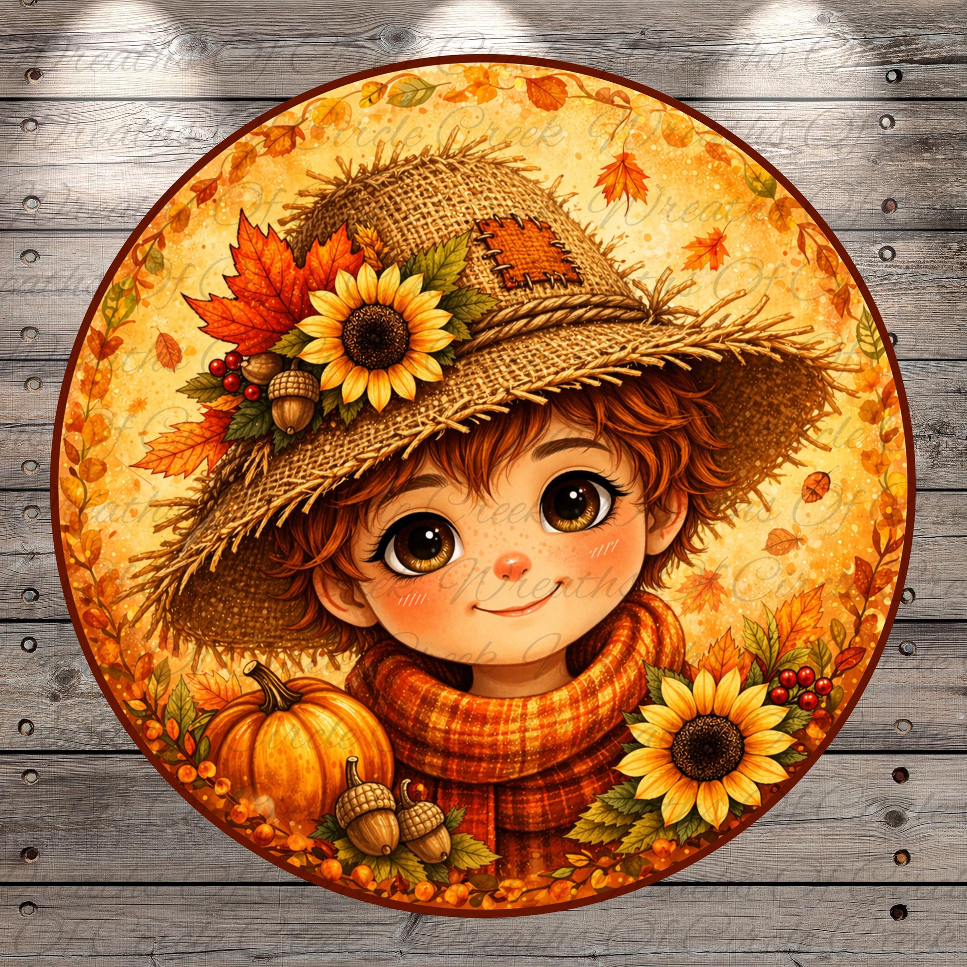 A young girl wearing a straw hat decorated with autumn leaves and flowers, surrounded by a pumpkin, acorns, and sunflowers, all set against a wooden background.