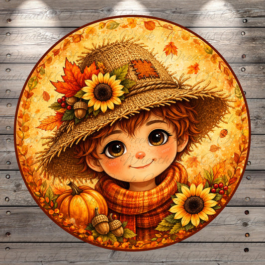 A young girl wearing a straw hat decorated with autumn leaves and flowers, surrounded by a pumpkin, acorns, and sunflowers, all set against a wooden background.