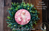 A wreath featuring a Santa Claus image surrounded by greenery, with a text overlay that reads "Wreath Not Included * Used For Display Purposes Only" and "Wreaths of Circle Creek".
