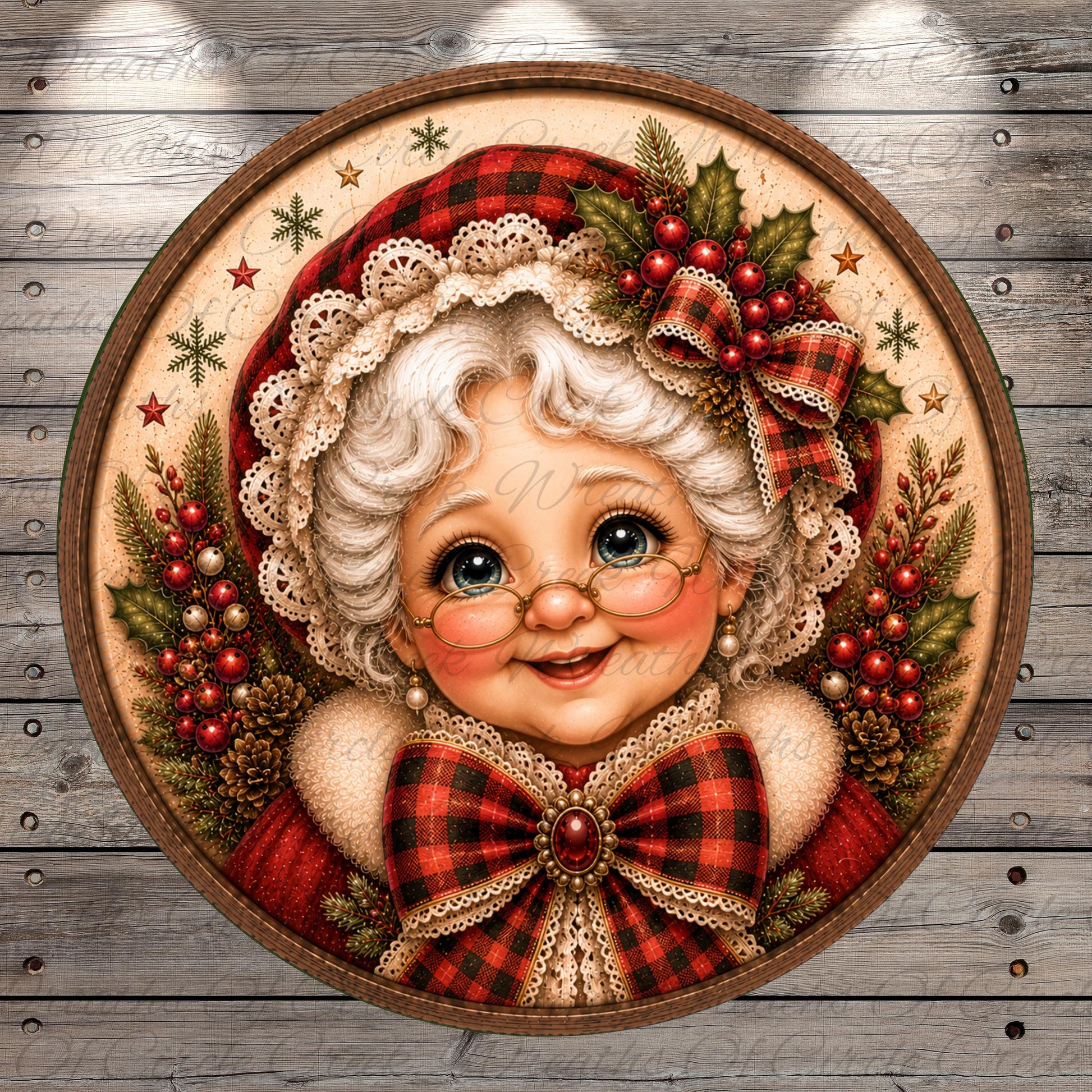 A detailed illustration of a smiling elderly woman with white hair and a red and black plaid bow, surrounded by festive holiday decorations such as berries, pine cones, and holly leaves.