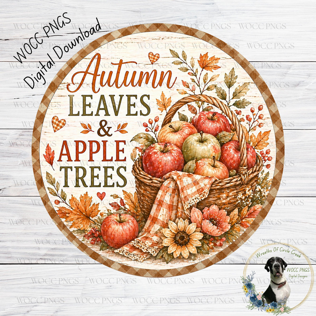 The image is a digital print featuring a decorative autumn-themed design. It includes a basket filled with apples, a sunflower, and leaves, along with the text "Autumn Leaves & Apple Trees". The design is set against a wooden background, and there is a small dog in the bottom right corner.
