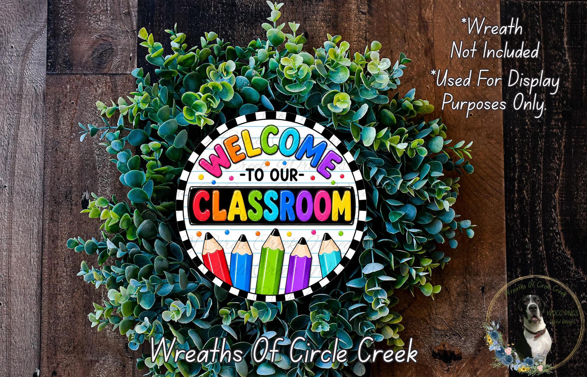 a wreath made of green leaves and colorful pencils, with the text "Welcome to our classroom" displayed on it.