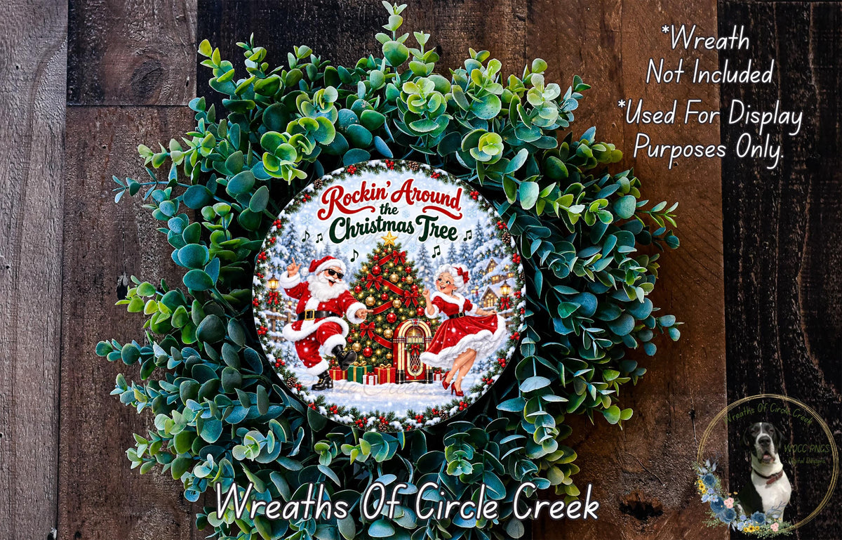 A wreath made of evergreen branches and a circular ornament featuring Santa Claus and reindeer, with the text "Rockin Around the Christmas Tree" and "Wreaths of Circle Creek" displayed.