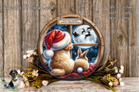 A wooden sign with a dog and a rabbit looking out a window at a full moon and Santa Claus flying a sleigh. The sign reads "Was the Night Before Christmas".