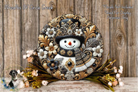 A decorative wreath featuring a snowman, surrounded by flowers and placed on a wooden surface.