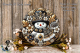 A decorative wreath featuring a snowman, surrounded by flowers and placed on a wooden surface.