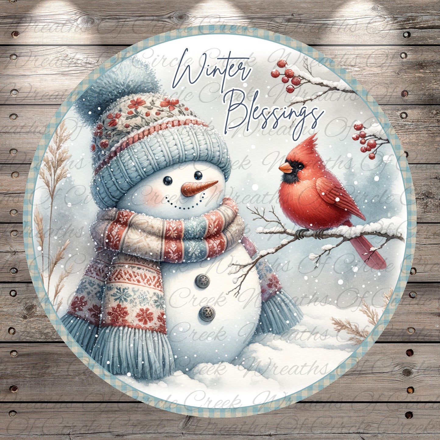 A snowman wearing a colorful scarf and hat stands next to a red cardinal perched on a branch, with snow falling around them. The background features a snowy landscape with trees and berries.