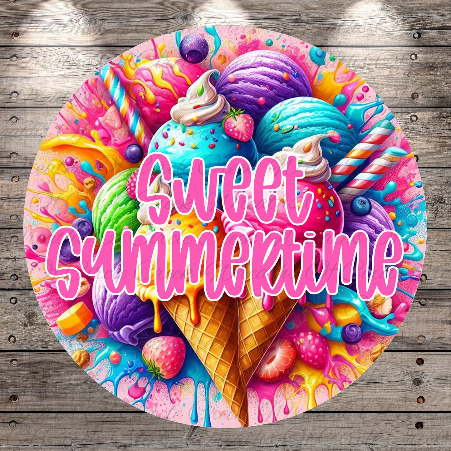 A vibrant and colorful illustration of various ice cream flavors and toppings, including scoops of ice cream, cones, and sprinkles, all set against a wooden background. The text "Sweet Summertime" is prominently displayed in the center of the image.
