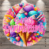 A vibrant and colorful illustration of various ice cream flavors and toppings, including scoops of ice cream, cones, and sprinkles, all set against a wooden background. The text "Sweet Summertime" is prominently displayed in the center of the image.