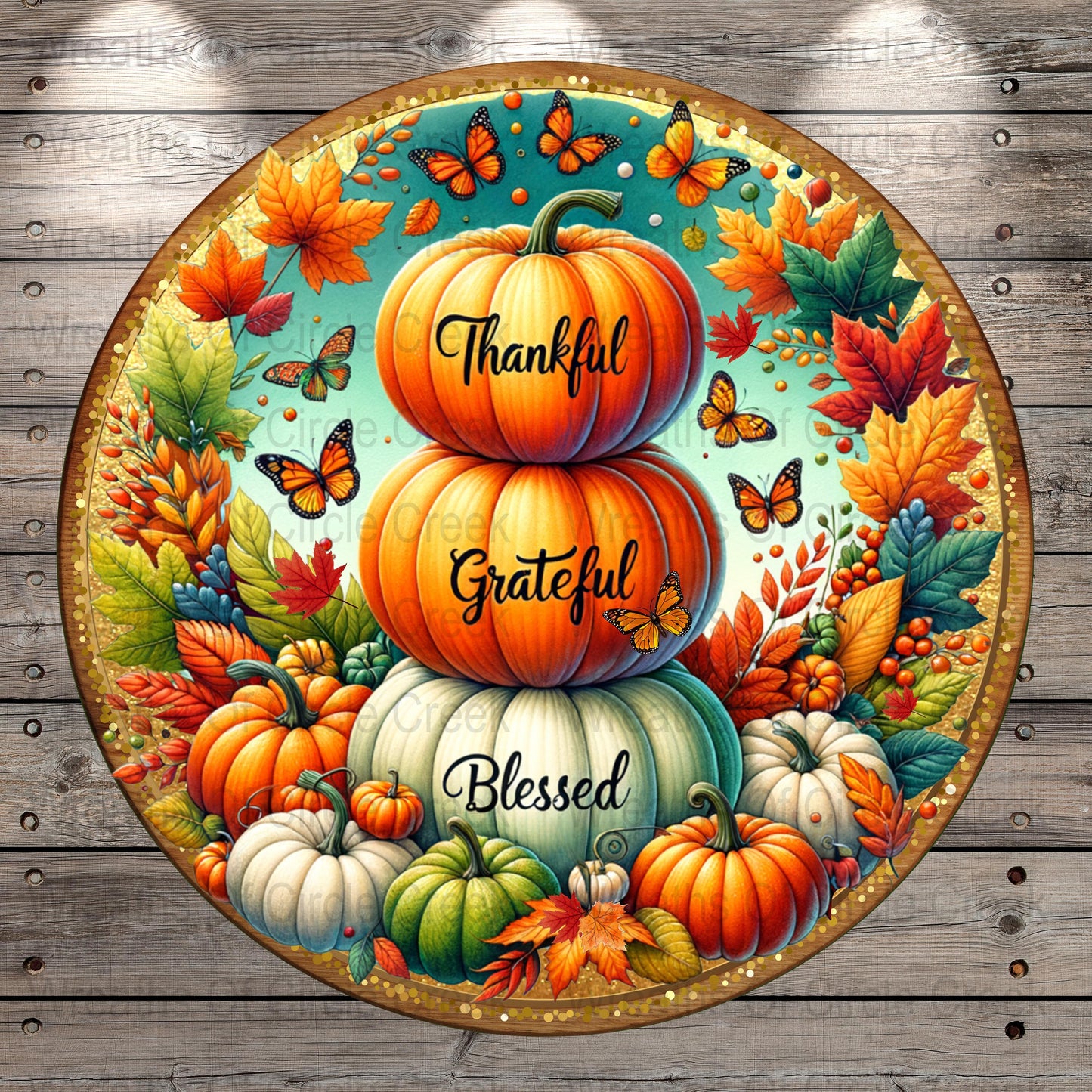 Thankful Grateful Blessed Autumn Pumpkins Round Placemat, Fall Leaves and Butterflies Table Decor