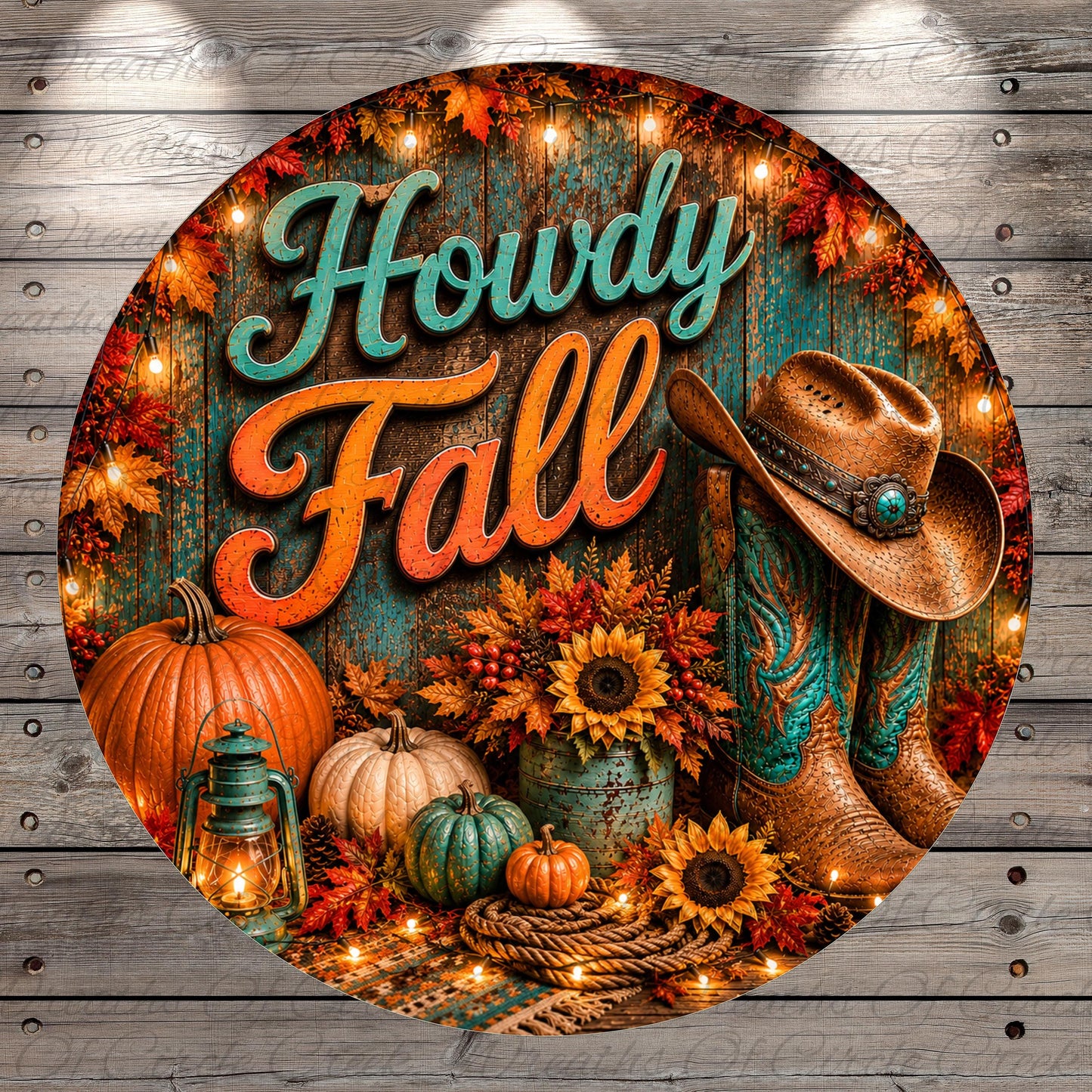 A circular collage featuring a rustic, western-themed scene with a cowboy hat, boots, pumpkins, sunflowers, and a lantern, all set against a backdrop of autumn leaves and twinkling lights.