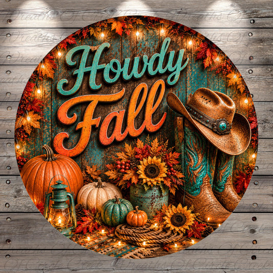 A circular collage featuring a rustic, western-themed scene with a cowboy hat, boots, pumpkins, sunflowers, and a lantern, all set against a backdrop of autumn leaves and twinkling lights.