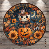 A Halloween-themed wreath with a skeleton wearing a cowboy hat, surrounded by autumn leaves, sunflowers, and a jack-o-lantern. The text "Hello Fall" is displayed on the wreath.