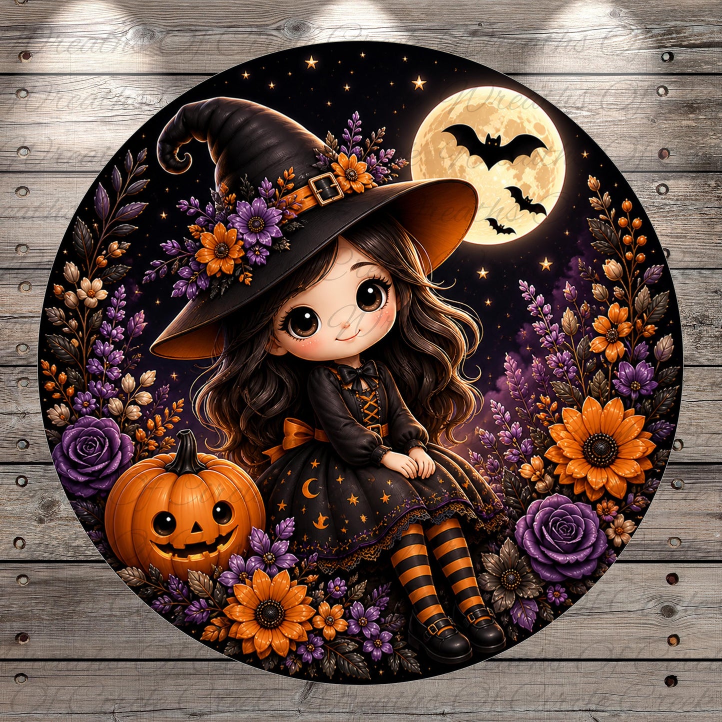 A whimsical illustration of a young girl dressed as a witch, surrounded by a variety of autumnal elements such as flowers, pumpkins, and bats, all set against a night sky with a full moon and bats.