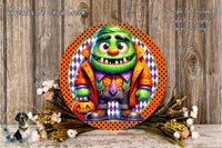 A whimsical illustration of a green monster wearing a purple shirt, orange jacket, and purple pants, with a pumpkin in its hand, set against a wooden background with a floral arrangement.