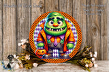 A whimsical illustration of a green monster wearing a purple shirt, orange jacket, and purple pants, with a pumpkin in its hand, set against a wooden background with a floral arrangement.