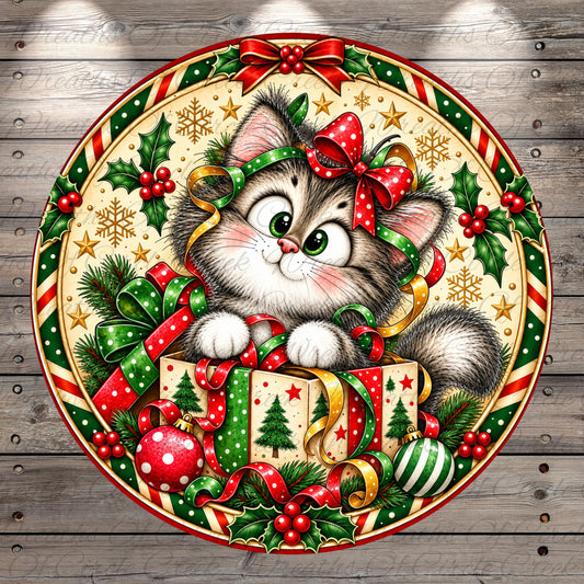A whimsical illustration of a cat wearing a red bow and surrounded by festive Christmas decorations, including a Christmas tree, ornaments, and ribbons.