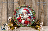 A festive Christmas wreath featuring a Santa Claus figure holding a reindeer, surrounded by holiday decorations such as flowers and greenery.