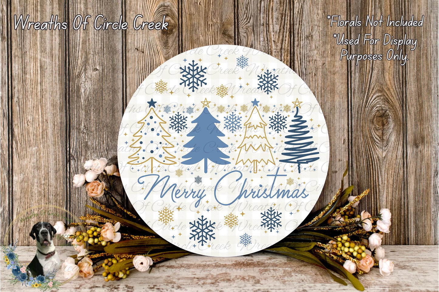A round wooden sign with a festive design, surrounded by flowers and greenery, with the text "Merry Christmas" displayed on it.