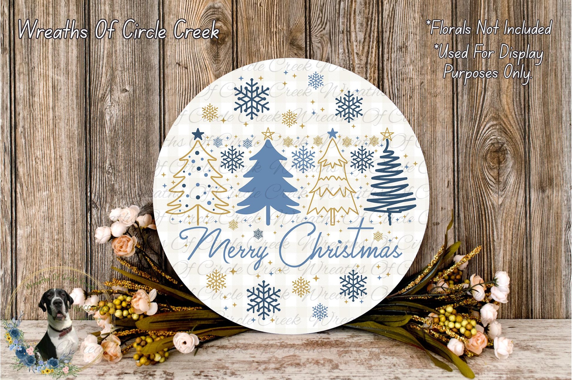 A round wooden sign with a festive design, surrounded by flowers and greenery, with the text "Merry Christmas" displayed on it.
