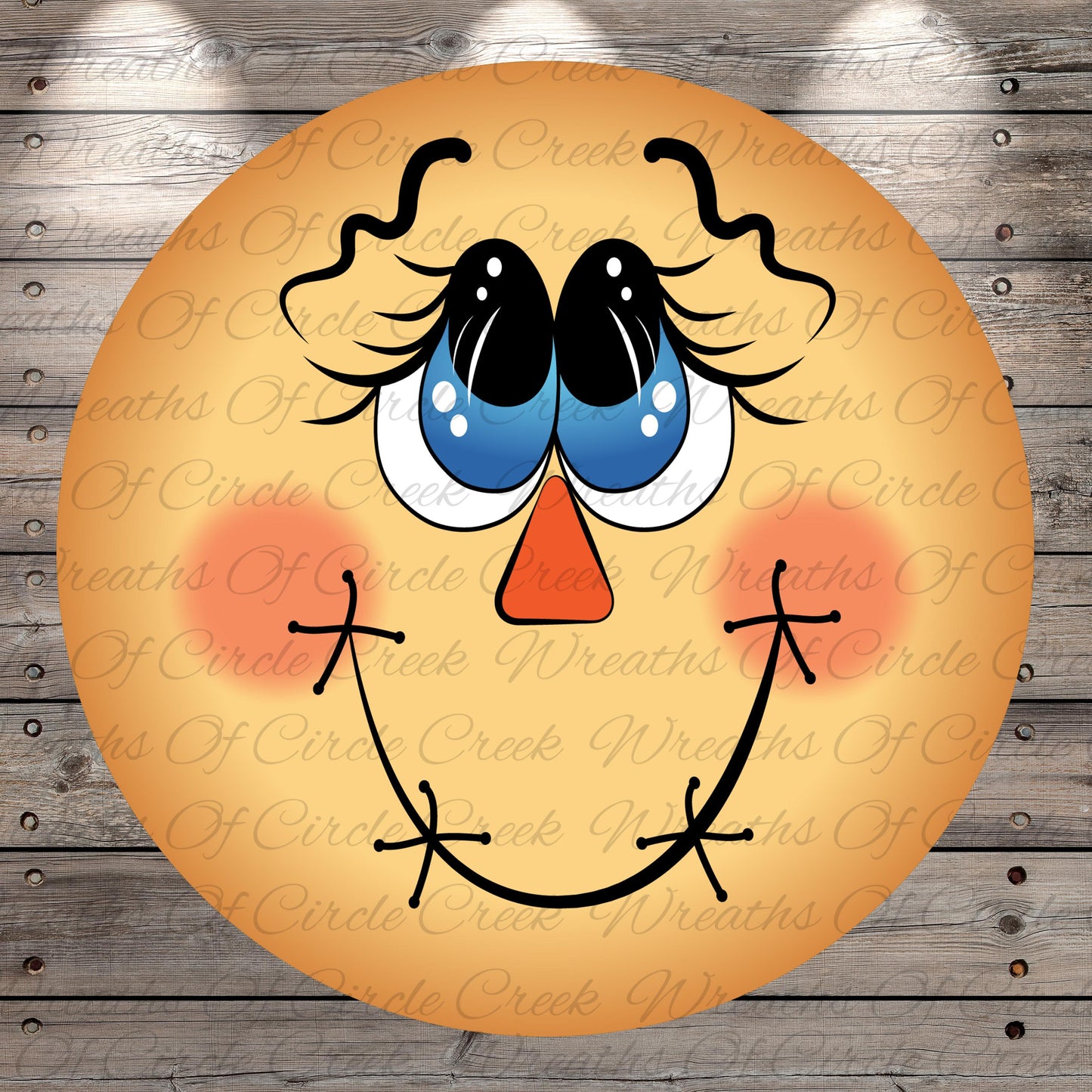 A cheerful, cartoon-like face with large blue eyes, a red nose, and a big smile, set against a wooden background.