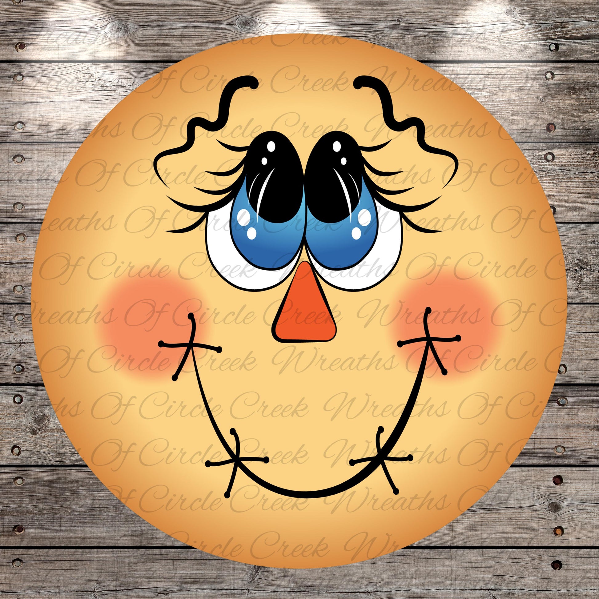 A cheerful, cartoon-like face with large blue eyes, a red nose, and a big smile, set against a wooden background.