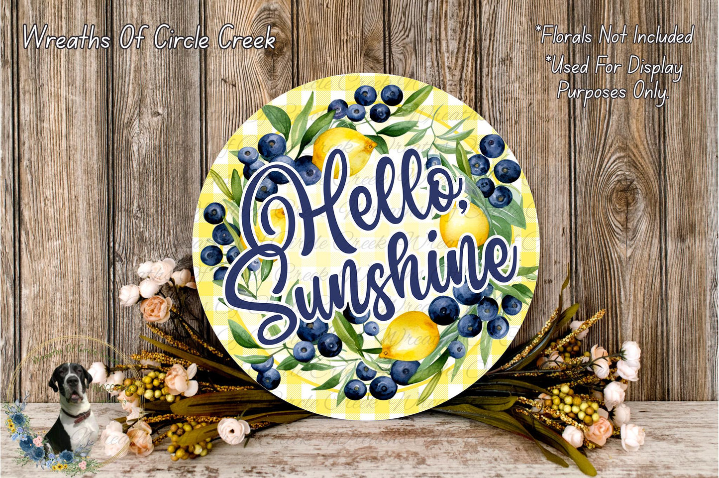 Hello Sunshine Lemon Blueberry Sign | Lightweight Round Metal Wreath Sign | No Holes in Sign | Farmhouse Summer Decor