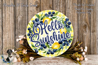 Hello Sunshine Lemon Blueberry Sign | Lightweight Round Metal Wreath Sign | No Holes in Sign | Farmhouse Summer Decor
