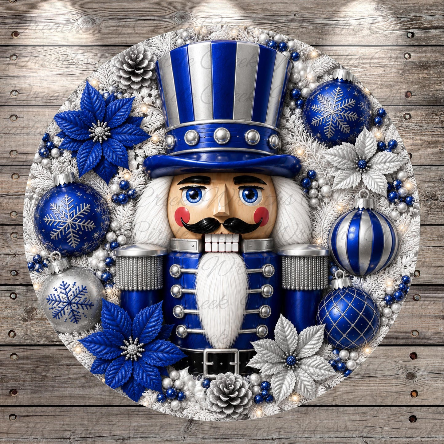A nutcracker figure surrounded by various Christmas decorations, including blue and silver ornaments, snowflakes, and pine cones, all set against a wooden background.