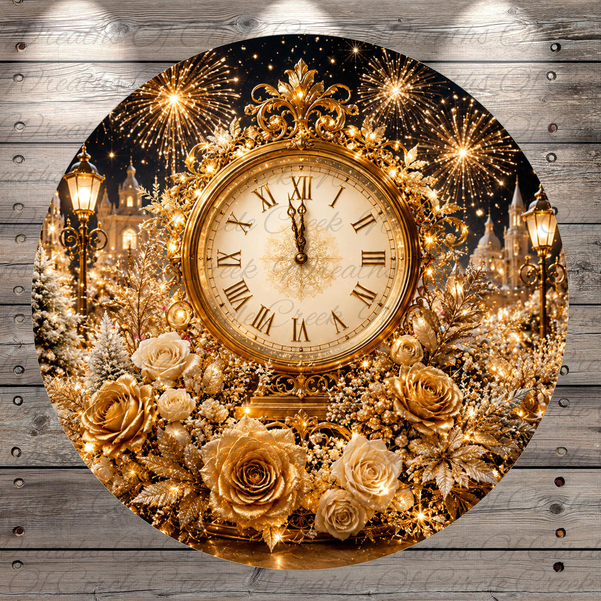 A large, ornate clock with a golden frame and Roman numerals, surrounded by a wreath of white roses and gold ornaments, with a fireworks display in the background.