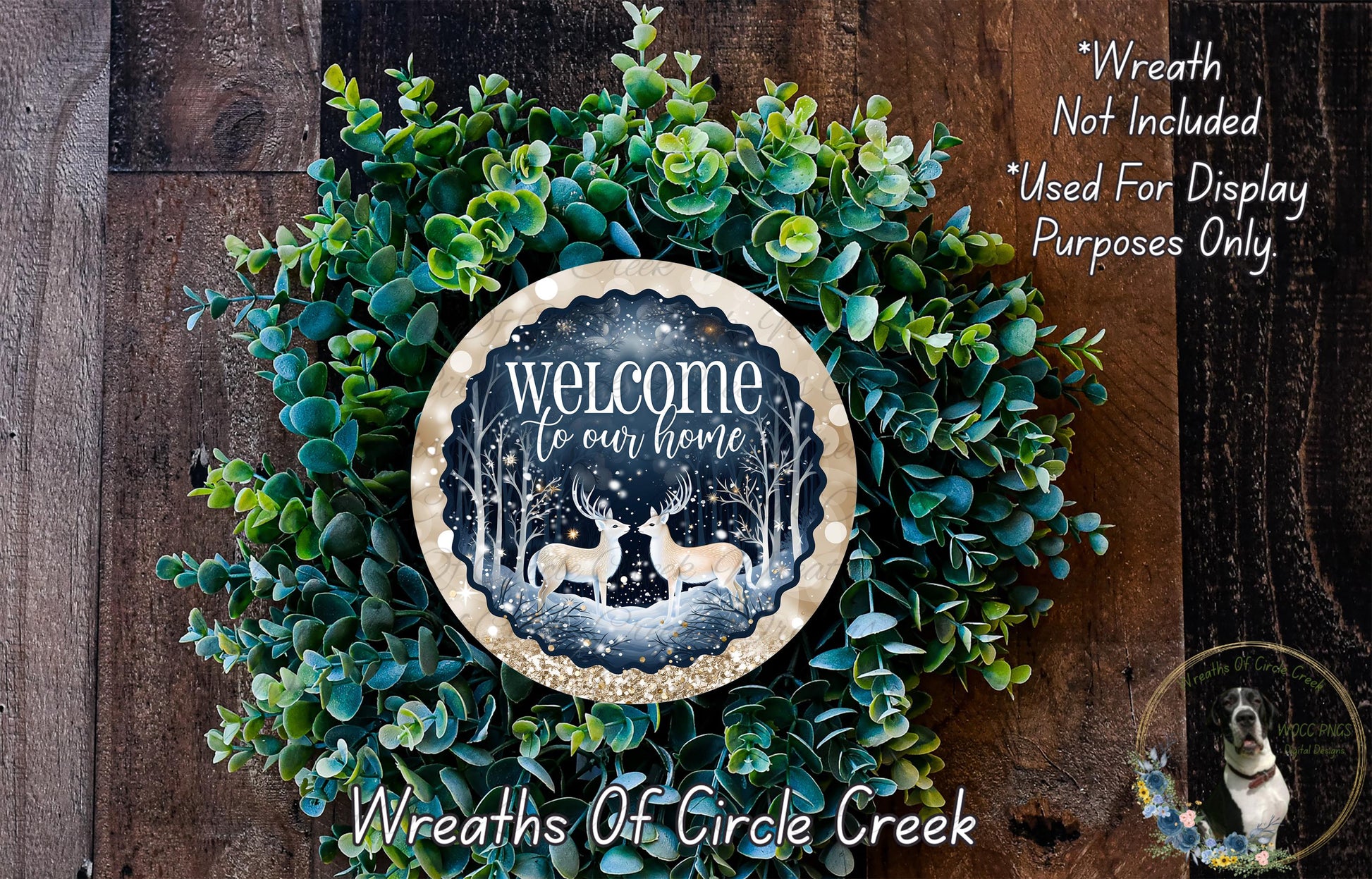 a wreath with a sign that says "Welcome to our home" surrounded by greenery and a small dog.