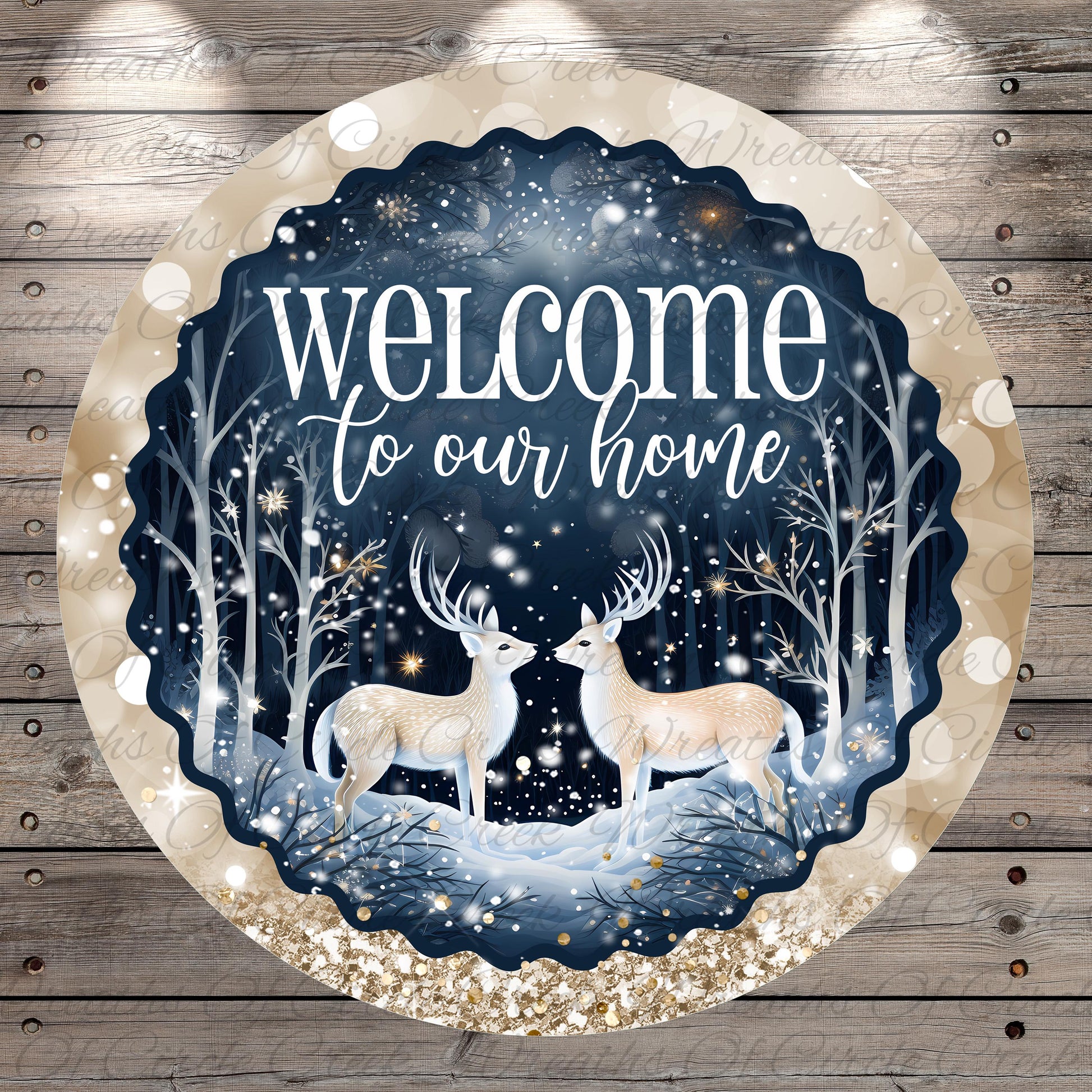 A circular sign with a winter scene featuring two deer standing in the snow, surrounded by snowflakes and trees. The sign has a text that reads "Welcome to our home".