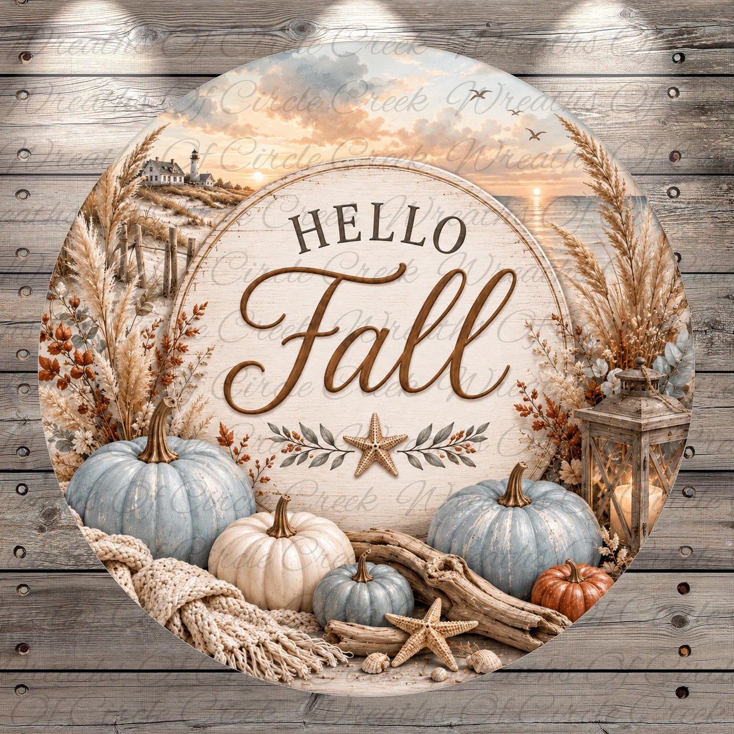 The image is a circular design featuring a rustic autumn scene with pumpkins, a lantern, and a starfish. The text "Hello Fall" is prominently displayed in the center of the image.
