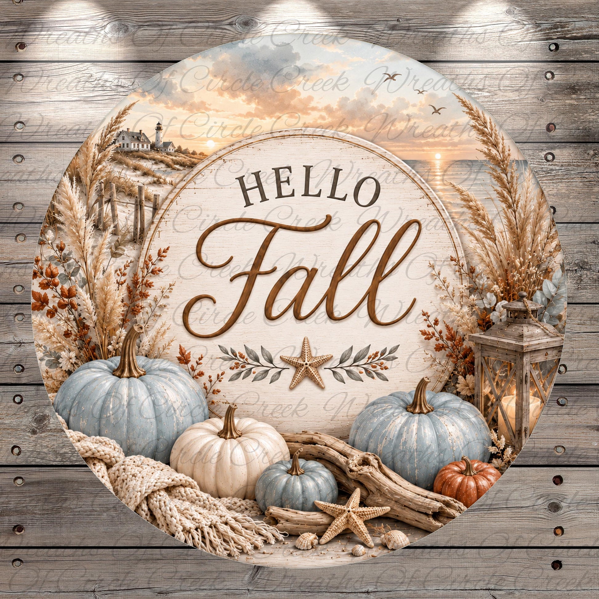 The image is a circular design featuring a rustic autumn scene with pumpkins, a lantern, and a starfish. The text "Hello Fall" is prominently displayed in the center of the image.
