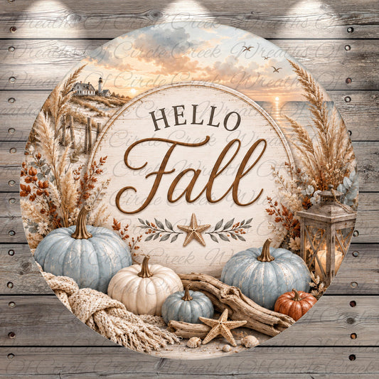 The image is a circular design featuring a rustic autumn scene with pumpkins, a lantern, and a starfish. The text "Hello Fall" is prominently displayed in the center of the image.