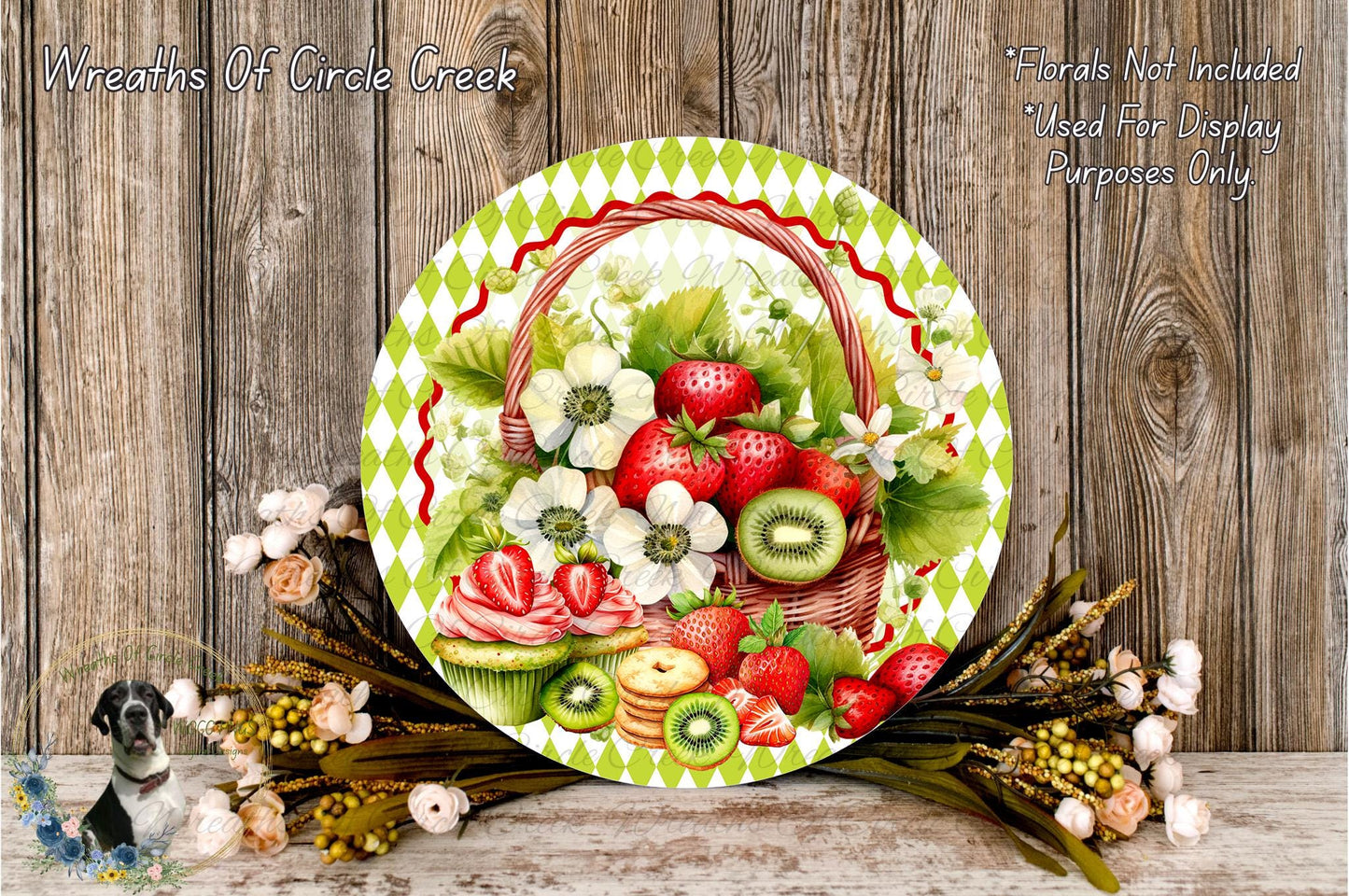 A decorative plate featuring a vibrant arrangement of fresh fruits, including strawberries, kiwi, and other colorful produce, set against a rustic wooden background.