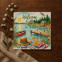 The image is a colorful illustration of a lakeside scene, featuring a boat, a dock, flowers, and a sign that says "Welcome to the Lake".